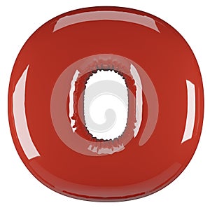 Inflated glossy RED letter O uppercase illustration. 3D render of latex bubble font with glint. Graphic type, typography, ABC