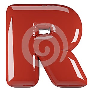 Inflated glossy RED letter R uppercase illustration. 3D render of latex bubble font with glint. Graphic type, typography, ABC