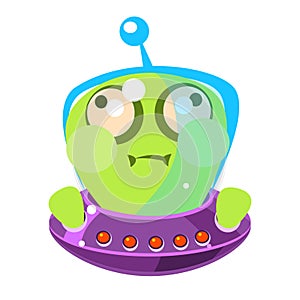 Inflated green alien in a flying saucer, cute cartoon monster. Colorful vector character