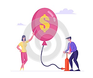 Inflation, Economy or Financial Crisis, Bankruptcy, Capital Loss Concept. Male Character Inflate Balloon with Dollar