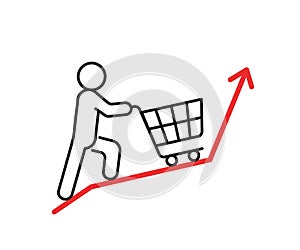 Inflation, high price and growth of food sales line icon. Person and shopping cart with foods on arrow up. Growth of