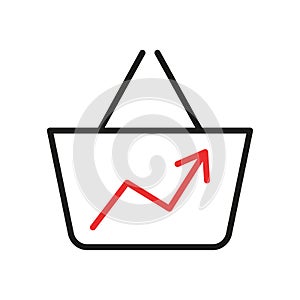 Inflation, high price and growth of food sales line icon. Shopping cart with foods on arrow up. Growth of market basket