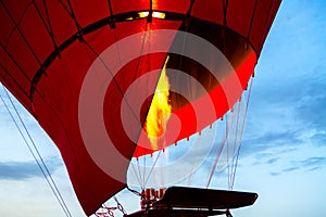 Inflation of hot air balloon for flight preparation in Cappadocia, Turkey