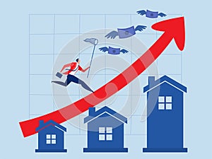 Inflation Housing price rising up ,businessman running on rising Red graph on house price up a Real estate