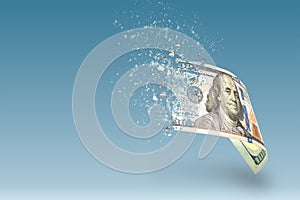 Inflation, hyperinflation, dollar stagflation. One hundred dollar bill sprayed on a blue background. The bill casts a photo