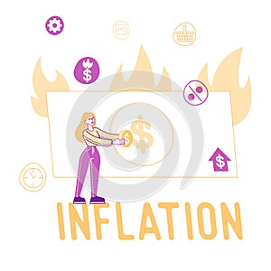 Inflation, Price Rising and Stock Market Recession Concept. Female Character with Gold Coin in Hands