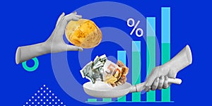 Inflation, rising food costs. Hand with potatoes and money in a pan. Minimalist art collage
