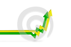 Inflation, rising inflation white isolate. Rising prices. Yellow and green arrows intertwined on the chart pointing up