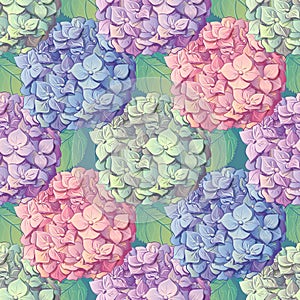 Inflorescence Hydrangea randomly arranged in seamless pattern, vector illustration in hand drawing style.