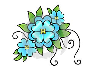 Inflorescence of three blue flowers of different sizes, delicate green leaves and shoots - vector full color illustration. Spring
