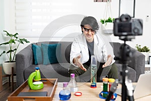 Influencer and blogger doing science experiment