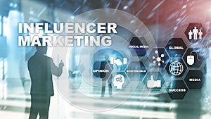 Influencer marketing concept in business. Technology, Internet and network. Abstract background mixed media.