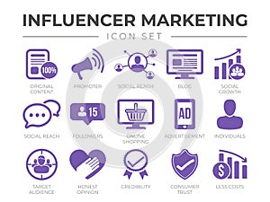 Influencer Marketing icon Set. Content, Promoter, Social Reach, Blog, Growth, Conversation, Followers, Online Shopping,