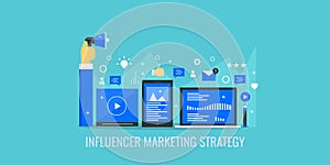 Influencer marketing, social media networking, communication, digital content marketing concept. Flat design vector banner.