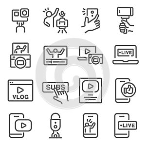 Influencer Vlog icon set vector illustration. Contains such icon as Micro influencer, Social media, Selfie, Live, Creator and more