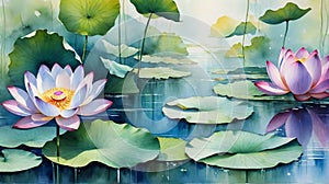 Influential Watercolor Lotus Painting: Harmonious Floral Elegance.
