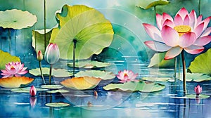 Influential Watercolor Lotus Painting: Harmonious Floral Elegance.