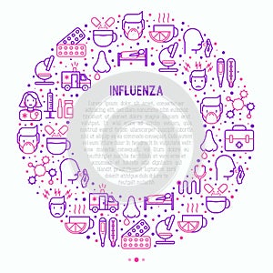 Influenza concept in circle with thin line icons