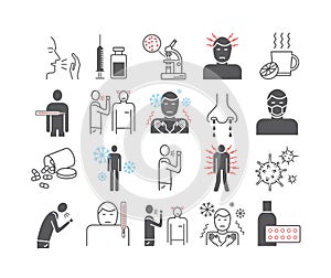 Influenza. Flu Symptom icons set. Vector signs for web graphics.