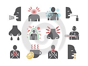 Influenza. Flu Symptoms, Treatment. Flat icons set. Vector signs for web graphics.