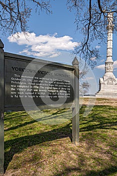 Info board on Victory monument and memorial itself, Yorktown, VA, USA
