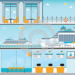Info of Cruise ship terminal at sea port with moored transatlantic
