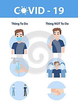 Info graphic elements the signs and corona virus, Thing to do and thing not to do of COVID - 19