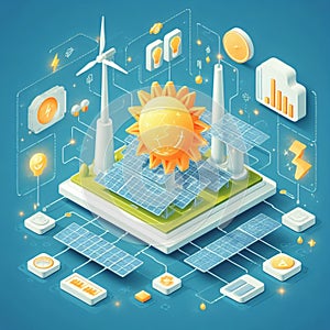 info graphic isometric depicting a set of clean energyy generation icons and situation for better future