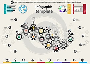 Vector infographic template modern businessman ideas for success with bulbs, backlash,icon,Earth,Graph display, flat design