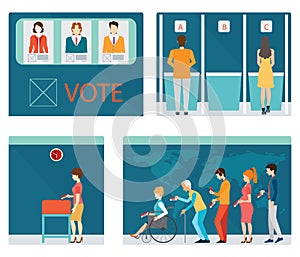 Info graphic of Voting booths with people waiting in line.