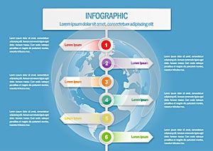 Info graphic with world map and 6 sign arrows