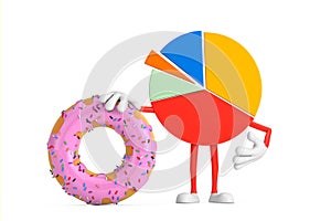 Info Graphics Business Pie Chart Character Person with Big Strawberry Pink Glazed Donut. 3d Rendering