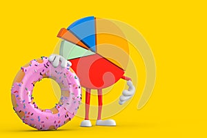 Info Graphics Business Pie Chart Character Person with Big Strawberry Pink Glazed Donut. 3d Rendering