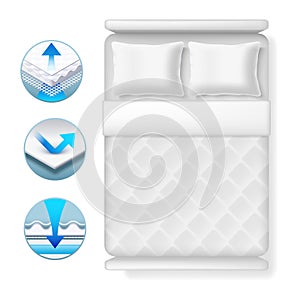 Info icons about bed mattress. Realistic white bed with pillows and blanket isolated on white background