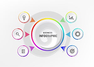 Infograph 6 element with centre circle. Graphic chart diagram, business timeline graphic design in bright rainbow color