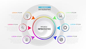 Infograph 6 element with centre circle. Graphic chart diagram, business timeline graphic design in bright rainbow color