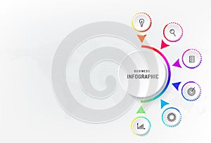 Infograph 6 steps element, diagram process with centre circle. Graphic chart diagram, business timeline graphic design