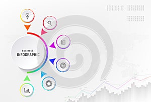 Infograph 6 steps element, diagram process with centre circle. Graphic chart diagram, business timeline graphic design