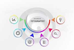 Infograph 6 steps element, diagram process with centre circle. Graphic chart diagram, business timeline graphic design