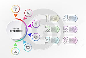 Infograph 6 steps element, diagram process with centre circle and numbers. Graphic chart diagram, business timeline