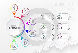 Infograph 6 steps element, diagram process with centre circle and numbers. Graphic chart diagram, business timeline