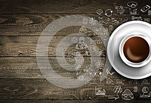 Infograph background template with a fresh coffee on real wooden table