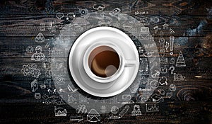 Infograph background template with a fresh coffee on real wooden table