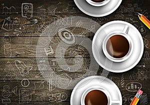 Infograph background template with a fresh coffee on real wooden table