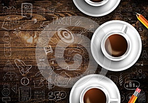 Infograph background template with a fresh coffee on real wooden table