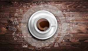 Infograph background template with a fresh coffee on real wooden table