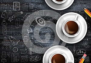 Infograph background template with a fresh coffee on real wooden table