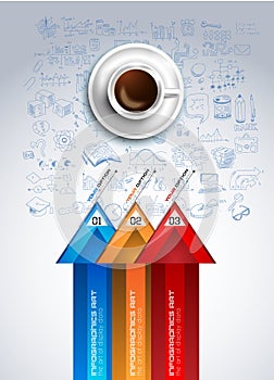 Infograph background template with a fresh coffee on table with infographic sketches