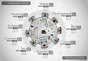 Infograph background template with a temworking brainstorming table