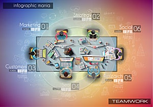 Infograph background template with a temworking brainstorming table with infographic design elements